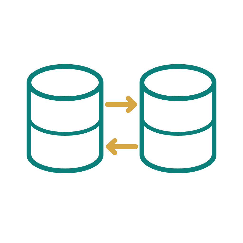 Connected databases with arrows representing data migration